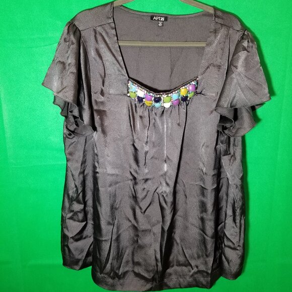 APT 9 Womans 2X Flutter Sleeve Blouse Beaded Embellished Charcoal Gray Boho - Picture 1 of 6